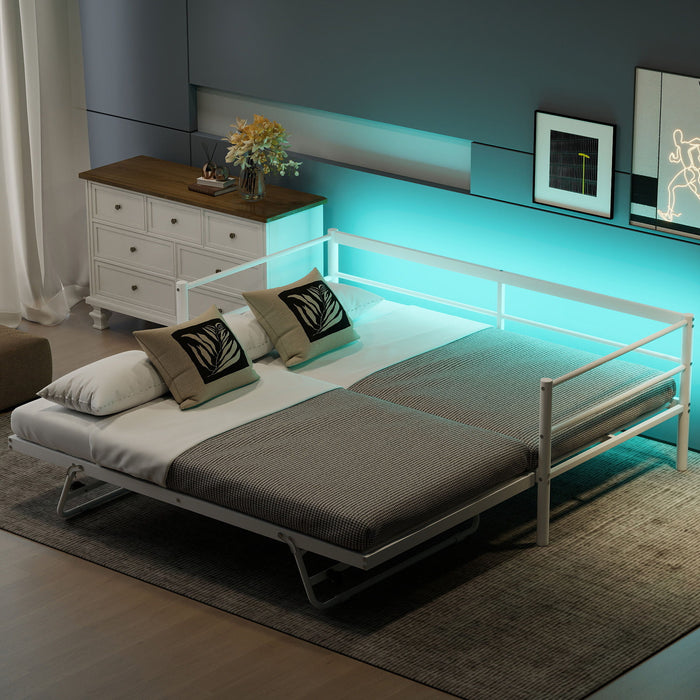 Giga industrial metal daybed with adjustable pop-up trundle and LED strip lighting, showcasing modern, sturdy design.