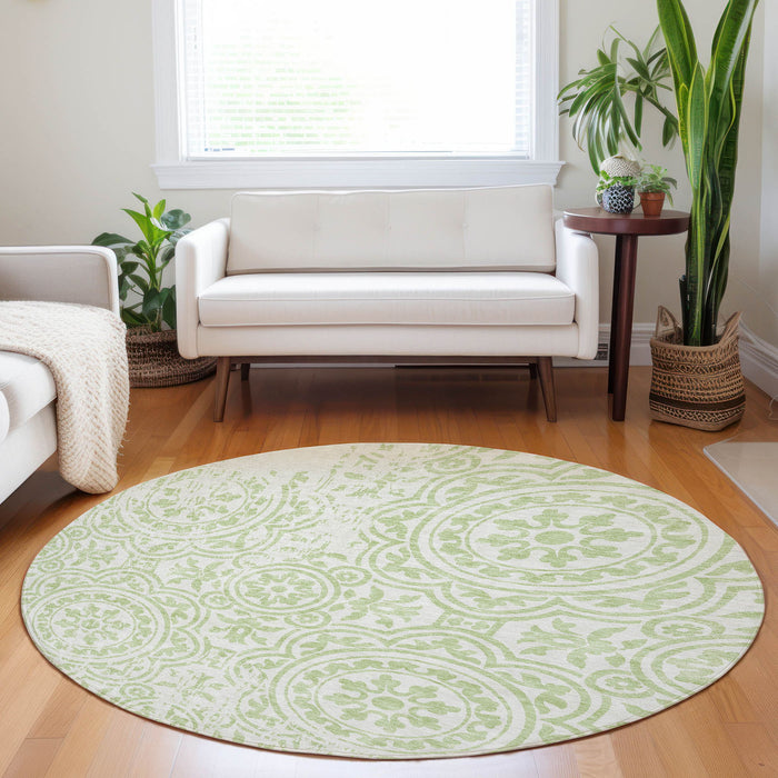 8' Medallion Washable Round Rug With UV Protection - Artichoke Green / Ivory