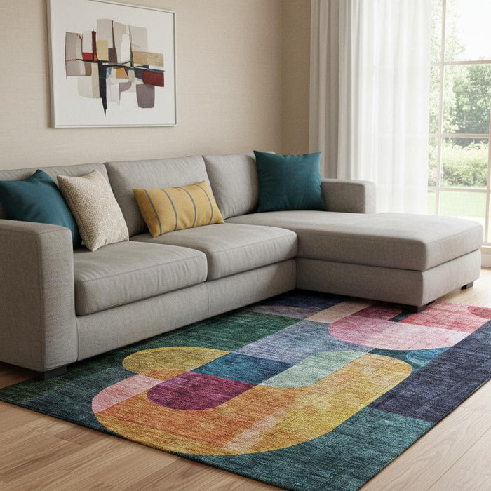 10' X 14' Abstract Geometric Washable Area Rug With UV Protection (685258) - Green / Blue / Pink