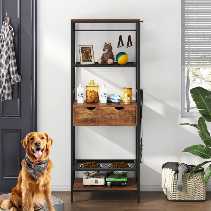 Giga black and dark brown 3-height adjustable raised dog feeding station with bowls and shelves for large and medium dogs and cats.