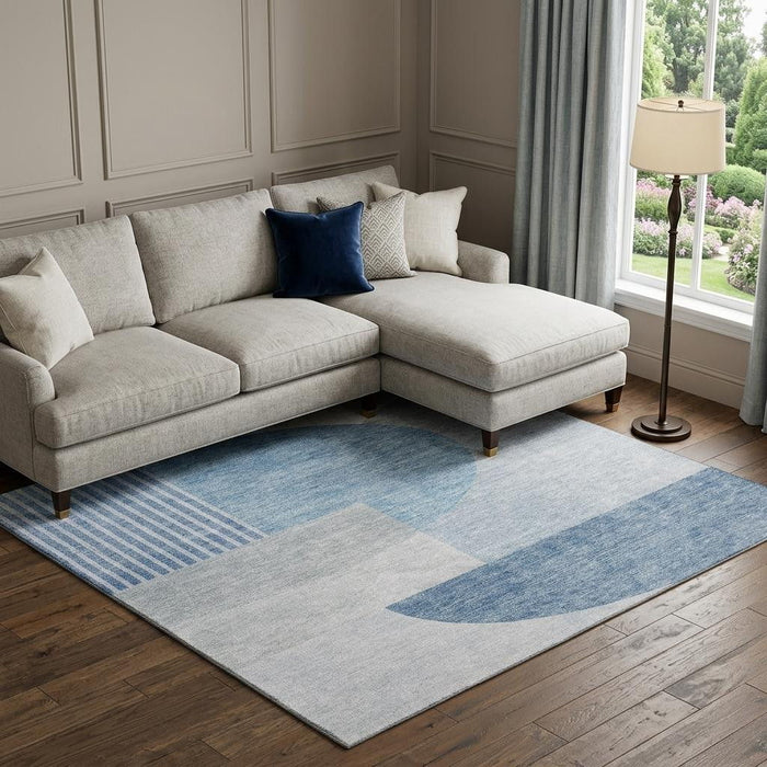10' X 14' Geometric Washable Area Rug With UV Protection (655824) - Blue / Ivory