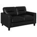 Black Scotland faux leather upholstered track arm loveseat from CoasterEveryday, showcasing plush seating and sleek modern design.
