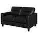 Black Scotland faux leather upholstered track arm loveseat with plush cushioning and modern design for stylish living room furniture.