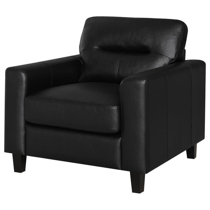 Black Scotland faux leather upholstered track arm chair from CoasterEveryday, showcasing a modern furniture design.