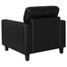 Black Scotland Faux Leather Upholstered Track Arm Chair from CoasterEveryday, showing a sleek, modern furniture design with padded armrests.