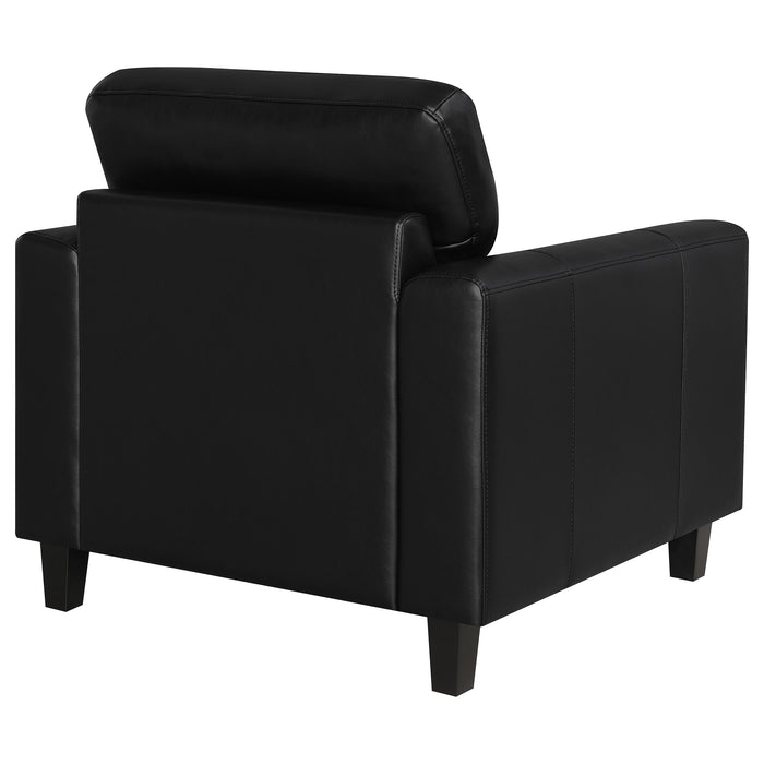 Black Scotland faux leather upholstered track arm chair with sleek design, modern furniture piece from CoasterEveryday.