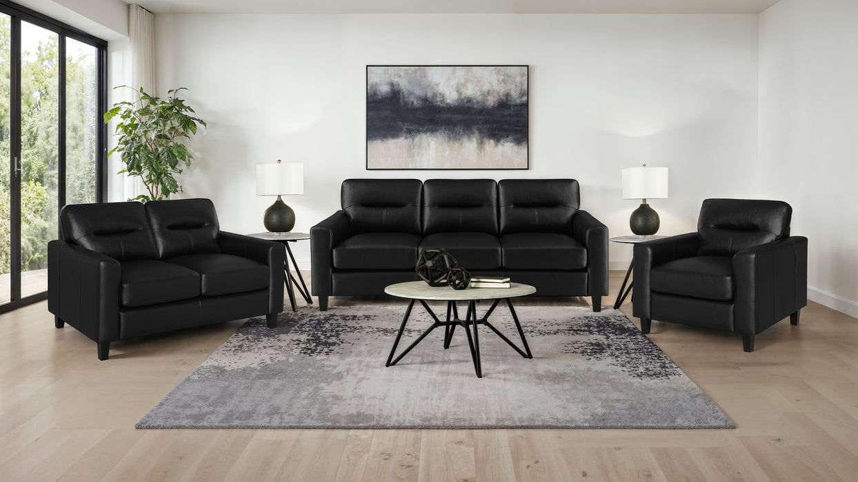 Black Scotland faux leather upholstered track arm chair by CoasterEveryday, showcasing a sleek, modern furniture design.