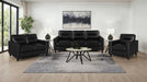 Black Scotland faux leather upholstered track arm chair by CoasterEveryday, showcasing a sleek, modern furniture design.