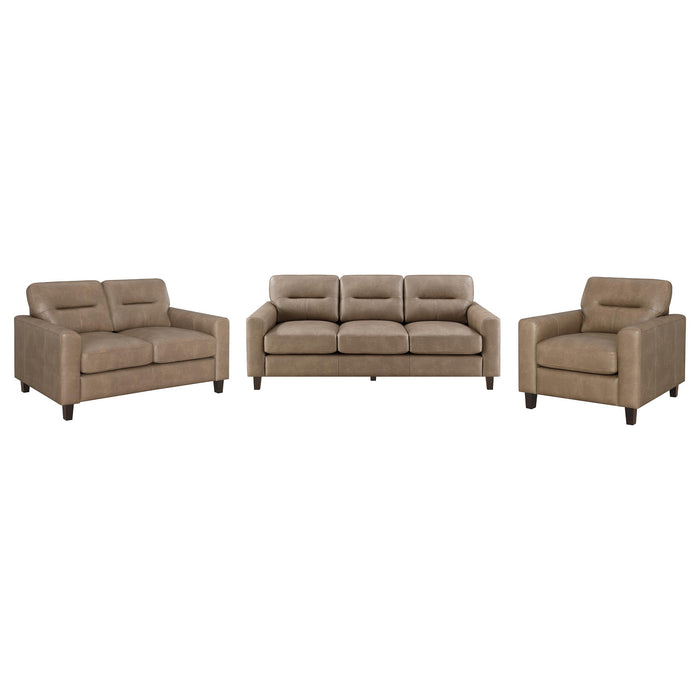 Scotland 3-piece brown faux leather upholstered sofa set by CoasterEveryday in a living room setting