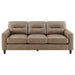 CoasterEveryday Scotland 3-piece brown faux leather upholstered sofa set in a modern living room setup