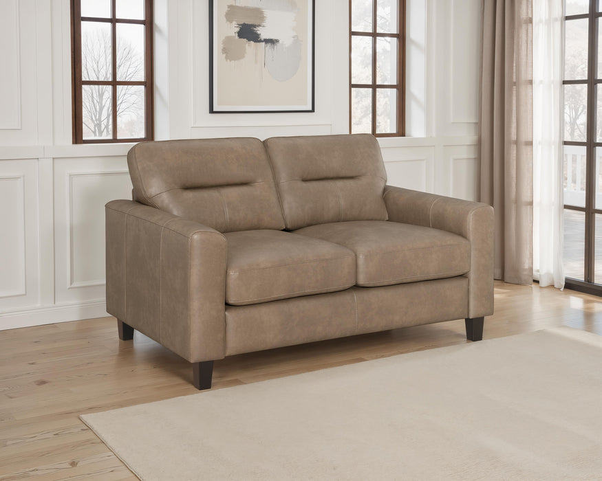 Scotland brown faux leather upholstered loveseat with track arms by CoasterEveryday