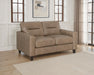 Brown Scotland faux leather upholstered track arm loveseat by CoasterEveryday, showing plush seating and sleek design.