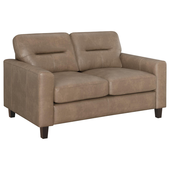 Brown Scotland faux leather upholstered track arm loveseat with plush cushioning and wooden legs, modern furniture piece.