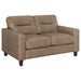 Brown Scotland faux leather upholstered track arm loveseat with plush cushioning and wooden legs, modern furniture piece.