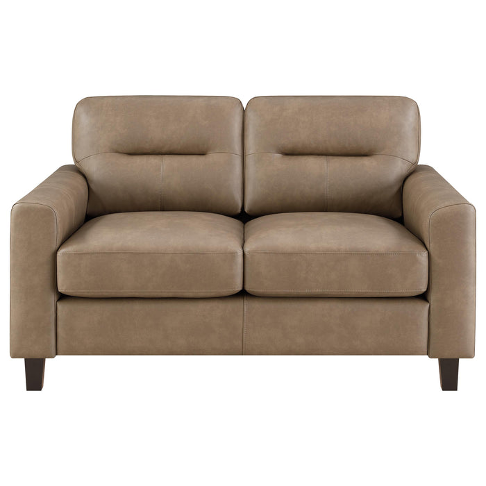Brown Scotland faux leather upholstered track arm loveseat with plush cushions, modern furniture piece by CoasterEveryday.