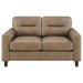 Brown Scotland faux leather upholstered track arm loveseat with plush cushions, modern furniture piece by CoasterEveryday.