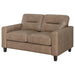 Brown Scotland faux leather upholstered track arm loveseat from CoasterEveryday, showing plush cushioning and sleek design.