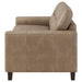 Brown Scotland faux leather upholstered track arm loveseat with plush cushioning, modern furniture by CoasterEveryday.