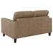 Brown Scotland faux leather upholstered track arm loveseat by CoasterEveryday, showing plush seating and modern furniture design.