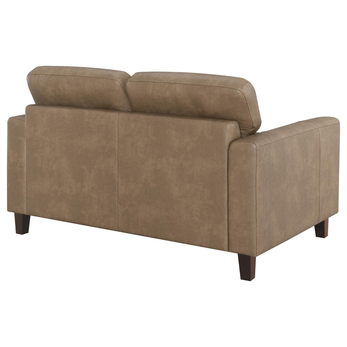 Brown Scotland faux leather upholstered track arm loveseat with plush cushions and modern design, perfect for cozy living rooms.