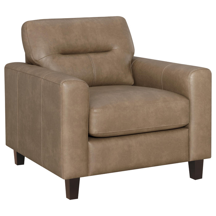 Brown Scotland faux leather upholstered track arm chair with a sleek design, perfect for modern home furniture.