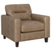 Brown Scotland faux leather upholstered track arm chair with a sleek design, perfect for modern home furniture.