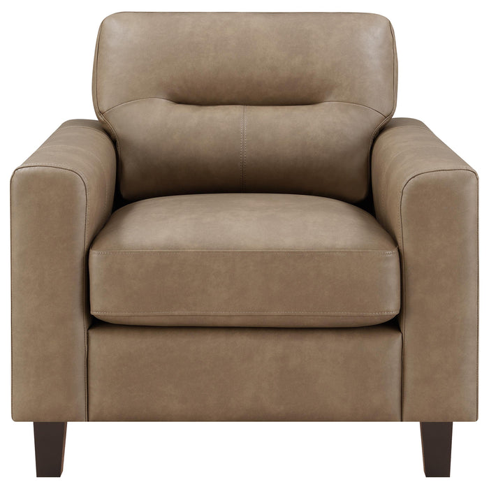 Brown Scotland faux leather upholstered track arm chair with cushioned seating and wooden legs, modern furniture by CoasterEveryday.