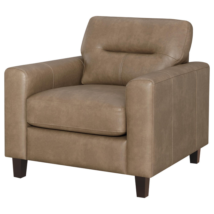 Brown Scotland faux leather upholstered track arm chair with a modern design and wooden legs, ideal for stylish living room decor.