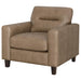 Brown Scotland faux leather upholstered track arm chair with a modern design and wooden legs, ideal for stylish living room decor.