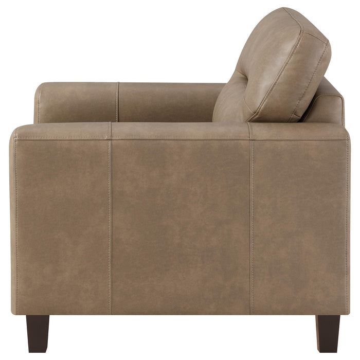 Brown Scotland faux leather upholstered track arm chair from CoasterEveryday, showcasing plush seating and sleek design.