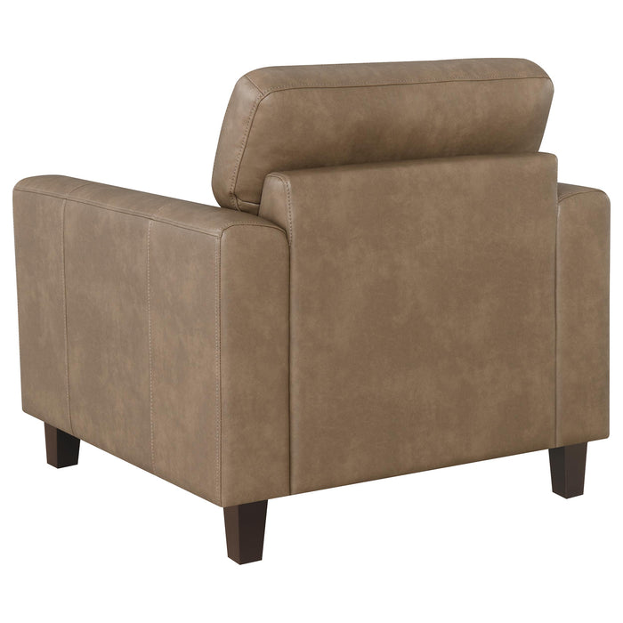 Brown Scotland faux leather upholstered track arm chair with plush cushioning and wooden legs, ideal for modern living rooms.