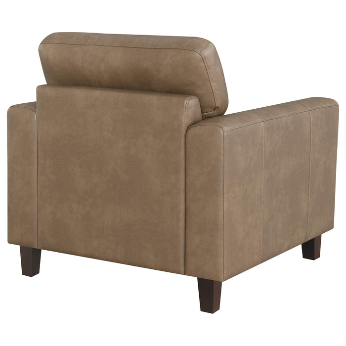 Brown Scotland faux leather upholstered track arm chair with wooden legs, modern furniture piece by CoasterEveryday.