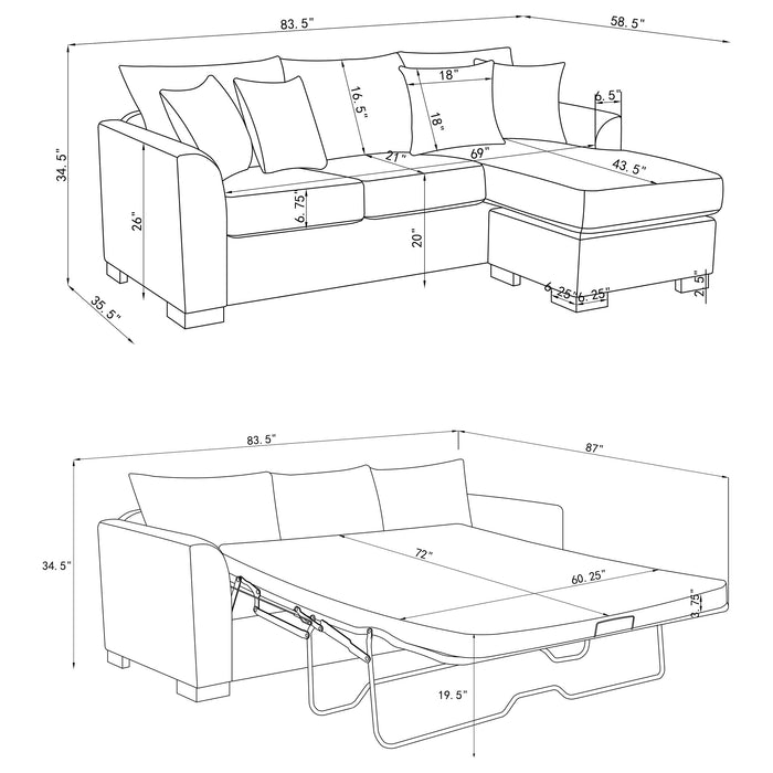 Storey Upholstered Sleeper Sectional Chaise Sofa Grey