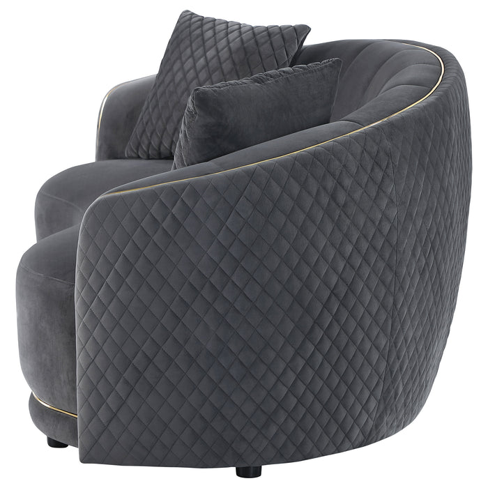 CoasterEveryday Brookside dark grey velvet upholstered curved loveseat with plush seating and rounded backrest