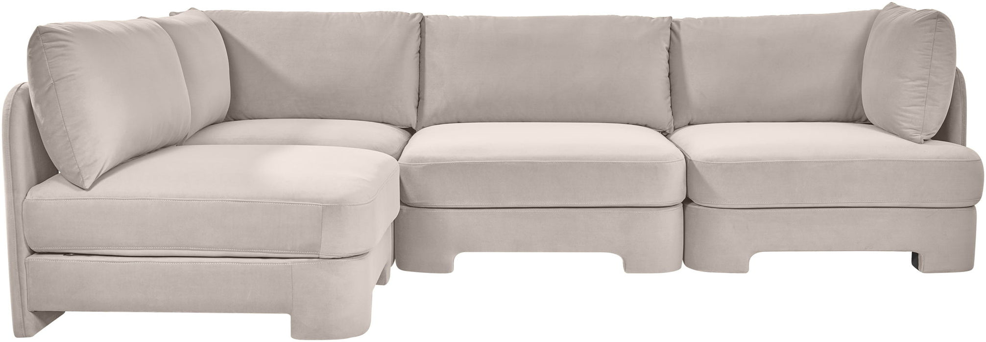 Meridian Furniture Velvet Performance Fabric Upholstered 4-Piece Armless Sectional sofa in a modern stationary design.