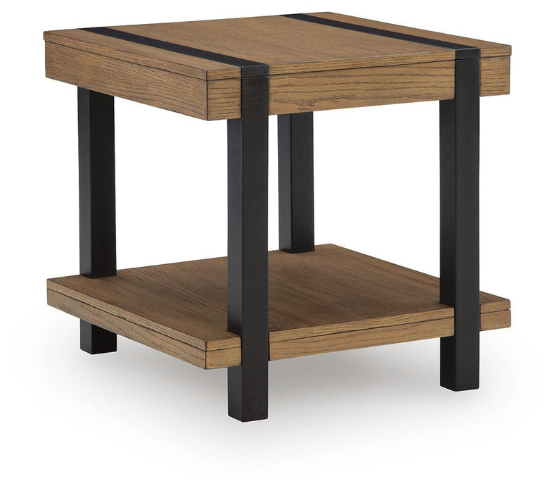 Signature Design by Ashley Jorannti living room end table with a wooden top and metal frame sitting beside a sofa.