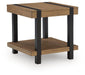 Signature Design by Ashley Jorannti living room end table with a wooden top and metal frame sitting beside a sofa.