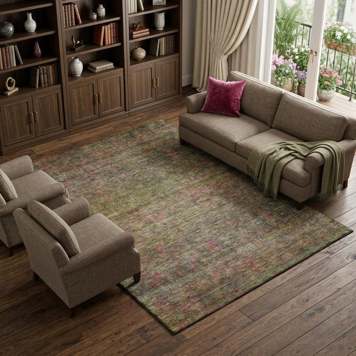 10' X 14' Abstract Washable Area Rug With UV Protection (688117) - Artichoke Green / Pink