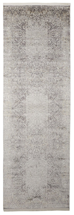 12' Oriental Power Loom Worn Faded Runner Rug - Gray And Ivory