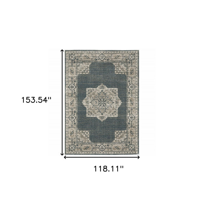 9.8' x 12.8' Oriental Power Loom Area Rug - Blue And Beige