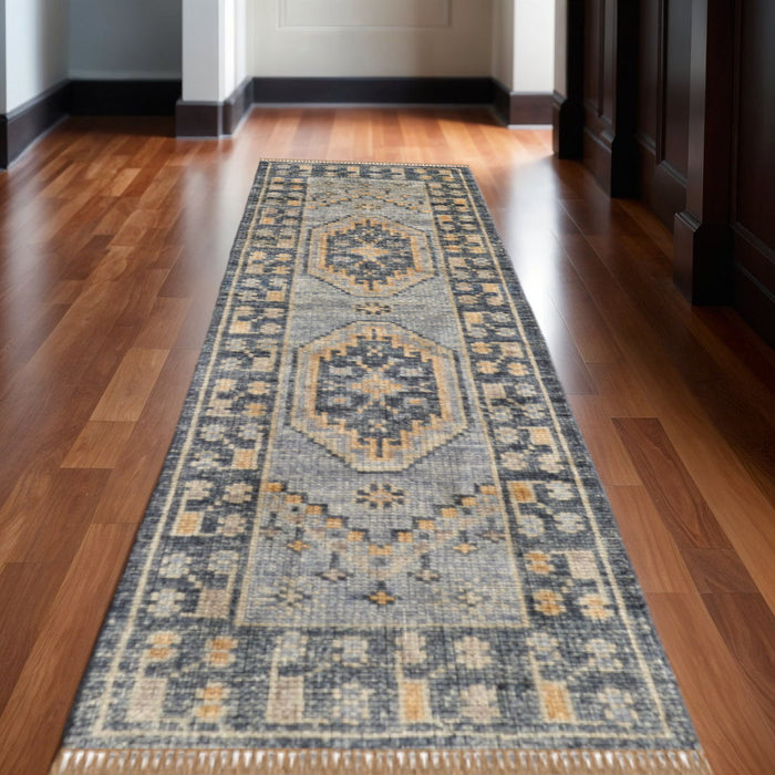 12' Oriental Hand Knotted Runner Rug With Fringe - Blue
