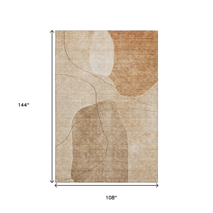 9' X 12' Abstract Washable Area Rug With UV Protection (655602) - Rust / Copper