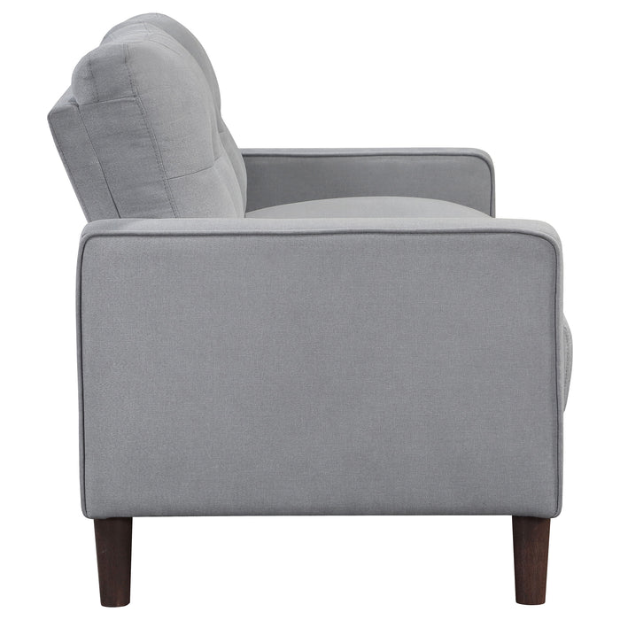 Bowen CoasterEveryday grey upholstered track arm tufted loveseat with cushioned back and seat
