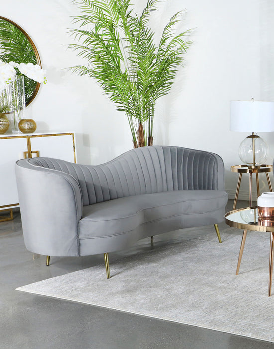 CoasterEssence Sophia grey upholstered channel tufted sofa with plush cushions and tapered legs