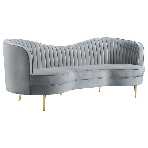 CoasterEssence Sophia grey upholstered channel tufted sofa with plush cushions and tapered legs