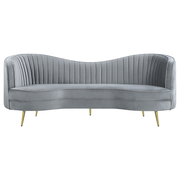 CoasterEssence Sophia grey upholstered channel tufted sofa with plush seating and tapered legs