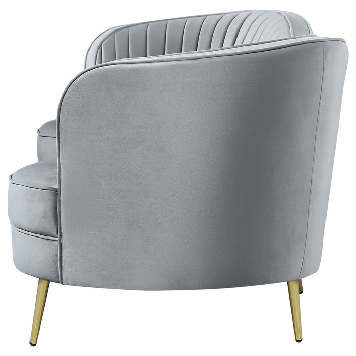 CoasterEssence Sophia grey upholstered channel tufted sofa with plush cushions and tapered legs