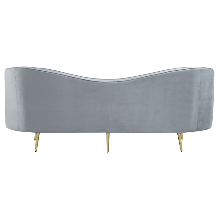 CoasterEssence Sophia grey upholstered channel-tufted sofa with plush cushions and tapered legs
