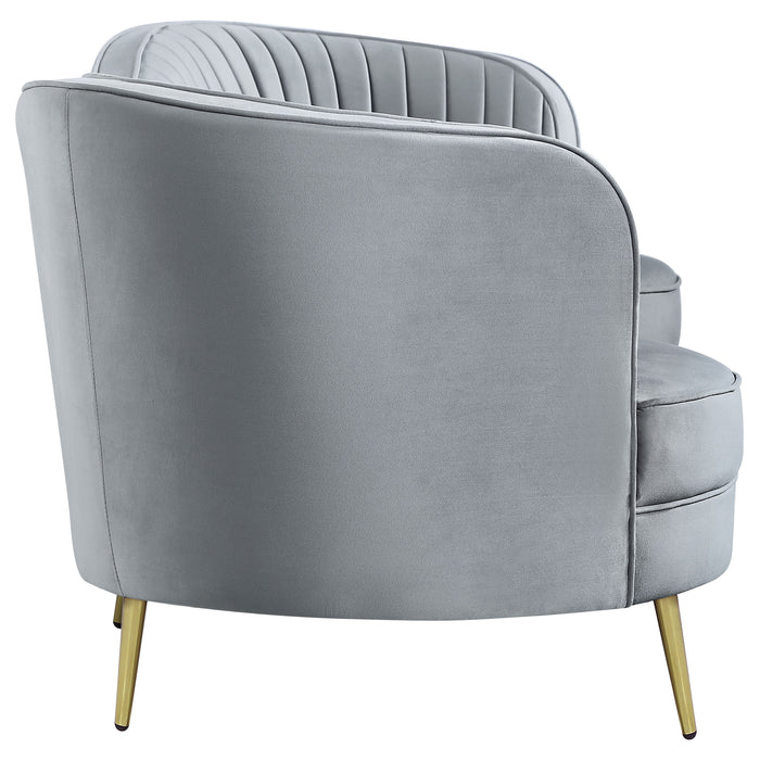 CoasterEssence Sophia grey upholstered channel tufted sofa with plush cushions and tapered legs
