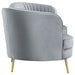 CoasterEssence Sophia grey upholstered channel tufted sofa with plush cushions and tapered legs
